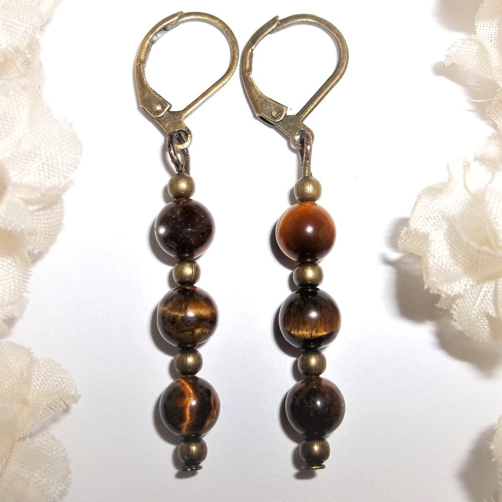 Boho Earrings Brown Bronze Tiger Eye Gemstone Dangle Drop Jewelry Set Pair 7300